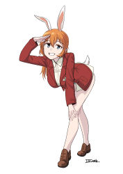 Rule 34 | absurdres, animal ears, bent over, blue eyes, charlotte e. yeager, dragoncastle, grey background, highres, jacket, looking at viewer, orange hair, rabbit ears, rabbit girl, rabbit tail, red jacket, salute, shirt, solo, strike witches, tail, white shirt, world witches series
