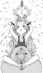Rule 34 | 1girl, :o, armpits, bare arms, barefoot, blush, bosako (haguhagu), camisole, emphasis lines, greyscale, haguhagu (rinjuu circus), hands up, highres, horns, indian style, long hair, looking up, monochrome, original, parted lips, sitting, solo