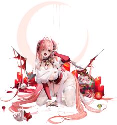 1girl artist_request bell belt breasts candle christmas destiny_child detached_sleeves fang fingernails full_body grilla_(destiny_child) hanging_breasts has_a_figure highres horns kneeling large_breasts nails official_art ok_sign open_mouth pantyhose pink_hair plate red_eyes sharp_fingernails skirt smile torn_wings transparent_background twintails wet wet_clothes white_pantyhose wings