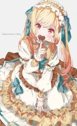 Rule 34 | 1girl, blonde hair, blue bow, blush, bow, bowtie, brown bow, brown bowtie, brown hair, candy, chocolate, chocolate heart, commentary request, costume request, covered mouth, curly hair, english text, film grain, food, grey background, hand up, heart, highres, himitsu no valentine daisakusen! (project sekai), index finger raised, long hair, looking at viewer, multicolored hair, na ta53, original, red eyes, ringlets, simple background, solo, standing, swept bangs, two-tone hair, upper body, valentine