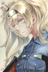 Rule 34 | 1girl, blonde hair, blue eyes, blue shirt, breast pocket, breasts, buttons, closed mouth, gambier bay (kancolle), hair between eyes, hairband, highres, kantai collection, large breasts, long hair, looking at viewer, millipen (medium), pocket, shirt, short sleeves, signature, simple background, solo, sweatdrop, tesun (g noh), traditional media, twintails, watercolor pencil (medium)
