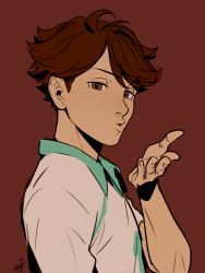 Rule 34 | 1boy, blowing kiss, brown background, brown eyes, brown hair, ceejles, commentary, commission, english commentary, fingernails, haikyuu!!, hair between eyes, highres, jersey, lips, looking at viewer, male focus, oikawa tooru (haikyuu!!), short hair, solo, sportswear, volleyball uniform
