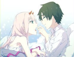 Rule 34 | 10s, 1boy, 1girl, black hair, candy, couple, darling in the franxx, closed eyes, feeding, food, green eyes, highres, hiro (darling in the franxx), holding, holding candy, holding food, horns, leje39, long hair, looking at another, lying, lying on person, nightgown, pillow, pink hair, shirt, short hair, white shirt, zero two (darling in the franxx)