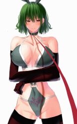 Rule 34 | 1girl, absurdres, alternate costume, bad shadow, bare shoulders, blush, breasts, closed mouth, collar, commentary request, contrapposto, covered navel, cowboy shot, embarrassed, enmimontoria, furrowed brow, gluteal fold, green hair, hair between eyes, highres, kazami yuuka, large breasts, leash, looking to the side, red eyes, short hair, simple background, solo, textless version, touhou, viewer holding leash, white background