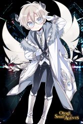 Rule 34 | 1boy, blue eyes, boots, brown hair, copyright name, demon boy, demon horns, glasses, horns, kiya machi, knee boots, long sleeves, looking at viewer, male focus, official art, otogi:spirit agents, second-party source, seir (otogi:spirit agents), short hair, solo