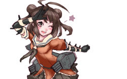 Rule 34 | 10s, 1girl, ;d, \m/, ahoge, antenna hair, bad id, bad pixiv id, blush, brown eyes, brown hair, double bun, elbow gloves, gloves, hair bun, kantai collection, looking at viewer, naka (kancolle), one eye closed, open mouth, personification, short hair, skirt, smile, solo, star (symbol), tonami kanji, wink