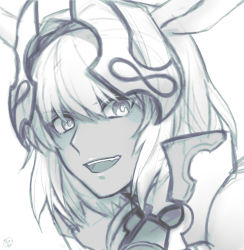 Rule 34 | 1girl, animal ears, caenis (fate), commentary request, dark-skinned female, dark skin, fate/grand order, fate (series), greyscale, highres, kankitsurui (house of citrus), looking at viewer, monochrome, open mouth, portrait, simple background, sketch, smile, solo, teeth, tongue, white background