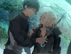 Rule 34 | 2boys, male focus, multiple boys, outdoors, rain, transparent, transparent umbrella, umbrella, yaoi