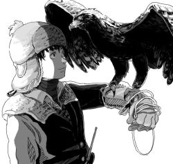 Rule 34 | 1boy, animal on arm, bird, bird on arm, gloves, greyscale, hat, hawk, looking at another, male focus, monochrome, original, re:i, rope, shaded face, simple background, solo, spread wings, white background, winter clothes
