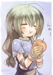 Rule 34 | 1girl, :t, ahoge, apple, archer (ragnarok online), blue background, blue dress, blush stickers, border, brown gloves, chewing, closed eyes, closed mouth, commentary request, dress, elbow pads, food, fruit, gloves, holding, holding food, holding fruit, jakushou archer, long hair, muneate, ragnarok online, red apple, short sleeves, simple background, solo, translation request, upper body, white border