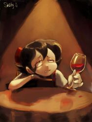 Rule 34 | 1girl, alcohol, artist name, black hair, brown eyes, chair, commentary, cup, drinking glass, drunk, english commentary, grimace, hat, highres, original, red hat, red wine, sh1tty2, short hair, sidelocks, solo, table, teeth, wine, wine glass