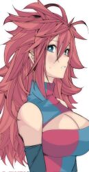 Rule 34 | 1girl, android, android 21, arc system works, bare shoulders, blue eyes, breasts, brown hair, checkered clothes, checkered dress, cleavage, detached sleeves, dragon ball, dragon ball fighterz, dress, earrings, female focus, gold earrings, hair between eyes, highres, jewelry, kinakomochi (user vedc2333), large breasts, long hair, looking at viewer, parted lips, simple background, solo, standing, sweat, sweatdrop, teeth, very long hair, white background