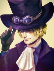 Rule 34 | 1boy, ascot, black gloves, blonde hair, gloves, goggles, goggles on headwear, gradient background, hand on headwear, hat, highres, male focus, one piece, sabo (one piece), scar, solo, top hat