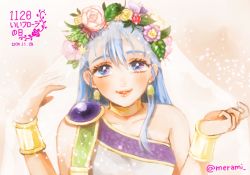 Rule 34 | 1girl, blue eyes, blue hair, blush, bracer, choker, close-up, dated, dragon quest, dragon quest v, earrings, flora (dq5), flower, head wreath, jewelry, long hair, looking at viewer, merami, smile, twitter username