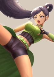 Rule 34 | bike shorts, breasts, cameltoe, dragon quest, dragon quest xi, grey background, highres, kicking, large breasts, leg lift, martina (dq11), ponytail, purple eyes, purple hair, simple background, solo, swept bangs, teeth, upper teeth only, v-shaped eyebrows