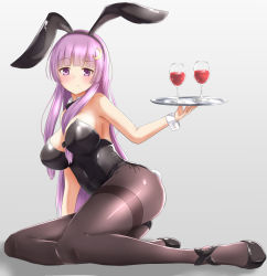 Rule 34 | 1girl, alternate costume, animal ears, bare arms, bare shoulders, black footwear, black leotard, black pantyhose, blunt bangs, breasts, cleavage, crescent, crescent hair ornament, cup, drinking glass, fake animal ears, fake tail, hair ornament, large breasts, leotard, long hair, looking at viewer, pantyhose, patchouli knowledge, playboy bunny, purple eyes, purple hair, rabbit ears, rabbit tail, ram hachimin, shoes, simple background, sitting, solo, tail, thighband pantyhose, touhou, tray, very long hair, wrist cuffs, yokozuwari
