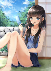 Rule 34 | 1girl, :d, absurdres, bare arms, bare shoulders, barefoot, black hair, blue camisole, blue shorts, blue sky, breasts, camisole, cloud, commentary request, day, food, hair ornament, hair over shoulder, hairclip, highres, holding, holding food, knees up, kurosawa dia, long hair, looking at viewer, love live!, love live! sunshine!!, low twintails, mole, mole under mouth, open mouth, panties, pantyshot, popsicle, short shorts, shorts, sin (sin52y), sitting, sky, small breasts, smile, solo, summer, teeth, twintails, underwear, upper teeth only, upshorts, very long hair, white panties