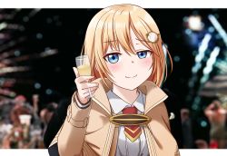 Rule 34 | 1girl, absurdres, blonde hair, blue eyes, blurry, blurry background, closed mouth, cup, drinking glass, hair ornament, highres, holding, holding cup, hololive, hololive english, jan azure, long sleeves, looking at viewer, meme, necktie, red necktie, short hair, smug, solo, toasting (gesture), upper body, virtual youtuber, watson amelia, wine glass