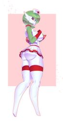 Rule 34 | 1girl, 32rabbitteeth, absurdres, artist name, ass, bare shoulders, bob cut, border, breasts, colored skin, creatures (company), crop top, cross, female focus, from behind, full body, game freak, gardevoir, gen 3 pokemon, gloves, green hair, green skin, hair over one eye, hand on own chest, hand up, hat, highres, large breasts, legs, looking at viewer, looking back, miniskirt, multicolored skin, nintendo, nipples, no bra, no mouth, no panties, nurse, nurse cap, one eye covered, open clothes, open shirt, outline, outside border, pink background, pink outline, pleated skirt, pokemon, pokemon (creature), red cross, red eyes, red gloves, red trim, shirt, short hair, simple background, skindentation, skirt, sleeveless, sleeveless shirt, solo, sparkle, standing, thick thighs, thighhighs, thighs, two-tone skin, watermark, white border, white hat, white shirt, white skin, white skirt, white thighhighs