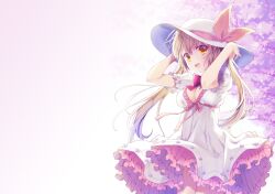 Rule 34 | 1girl, :d, blonde hair, blush, bow, breasts, cherry blossoms, cleavage, cleavage cutout, clothing cutout, commentary request, cowboy shot, day, dress, floating clothes, floating hair, frilled dress, frills, hair between eyes, hands up, happy, hat, hat ribbon, highres, kokonobi, long hair, medium breasts, open mouth, original, outdoors, pink background, pink ribbon, puffy short sleeves, puffy sleeves, red bow, ribbon, short sleeves, sidelighting, simple background, smile, solo, straight hair, twintails, very long hair, white dress, white hat, yellow eyes