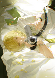 Rule 34 | 1boy, absurdres, alkaid mcgrath, bag, black pants, blonde hair, camera, collared shirt, green eyes, green necktie, hair between eyes, highres, holding, holding camera, letter, light particles, looking at viewer, lovebrush chronicles, lying, male focus, medium hair, necktie, on bed, on side, pants, petals, plaid necktie, shirt, short sleeves, shoulder bag, smile, solo, sunlight, upper body, video camera, watch, weibo logo, weibo watermark, white shirt, wristband, wristwatch, yichuan tengli