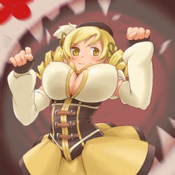 Rule 34 | 10s, 1girl, bad id, bad pixiv id, beret, blonde hair, blush, boots, breasts, broken tooth, charlotte (madoka magica), cleavage, corset, covered erect nipples, detached sleeves, drill hair, female focus, fingerless gloves, gloves, hair ornament, hat, large breasts, magical girl, mahou shoujo madoka magica, mahou shoujo madoka magica (anime), mami mogu mogu, muscular, nucomas, smile, teeth, thighhighs, tomoe mami, tomoe mami (magical girl), yellow eyes
