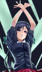 Rule 34 | 1girl, arms up, blue jacket, cowboy shot, arms up, hands up, highres, igarashi kyouhei, jacket, long hair, looking at viewer, love live!, love live! sunshine!!, matsuura kanan, open mouth, purple eyes, purple hair, red skirt, short sleeves, skirt, solo, standing, x arms