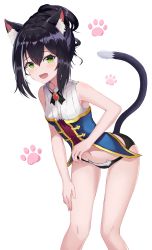 Rule 34 | 1girl, absurdres, animal ear fluff, animal ears, bad id, bad pixiv id, bare arms, bare legs, bare shoulders, black hair, black panties, blush, breasts, cat ears, cat girl, cat lingerie, cat tail, crying, crying with eyes open, fangs, feet out of frame, green eyes, highres, karyl (princess connect!), leaning forward, looking at viewer, meme attire, multicolored hair, navel, open mouth, panties, paw print, paw print background, ponytail, princess connect!, sidelocks, sleeveless, small breasts, solo, standing, streaked hair, tail, tears, tio (005), underwear, vest, white background, white hair