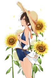Rule 34 | 10s, 1girl, bag, breasts, brown eyes, brown hair, flower, from side, giwa, hat, highres, i-401 (kancolle), kantai collection, ponytail, profile, sailor collar, school swimsuit, short ponytail, small breasts, solo, sun hat, sunflower, swimsuit, swimsuit under clothes, tan