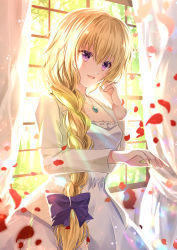 Rule 34 | 1girl, backlighting, blonde hair, blush, bow, braid, breasts, cleavage, cowboy shot, curtains, day, dress, fate/apocrypha, fate (series), gem, hair bow, hair over shoulder, hand up, highres, indoors, iroha (shiki), jacket, jeanne d&#039;arc (fate), jeanne d&#039;arc (ruler) (fate), jewelry, lens flare, long hair, long sleeves, necklace, open clothes, open jacket, pendant, petals, purple bow, purple eyes, reaching, reaching towards viewer, rose petals, single braid, small breasts, solo, standing, sunlight, very long hair, white dress, white jacket, window