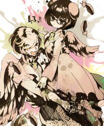 Rule 34 | 1boy, 1girl, candy (robbit), closed mouth, collared shirt, dress, feathered wings, feathers, glasses, hat, long sleeves, looking at viewer, necktie, open mouth, shimiswans (show by rock!!), shirt, short hair, show by rock!!, smile, wings, yaginupan (show by rock!!)