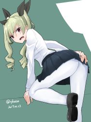 Rule 34 | 10s, 1girl, absurdres, anchovy (girls und panzer), ass, bent over, black skirt, blush, breasts, drill hair, girls und panzer, green hair, hair ribbon, highres, irukatto, leaning, leaning forward, long hair, looking at viewer, open mouth, pantyhose, red eyes, ribbon, school uniform, sideboob, skirt, solo, twin drills, twintails, very long hair, white pantyhose