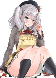 Rule 34 | 1girl, apron, beret, black hat, black socks, blue eyes, blush, breasts, chocolate, collared shirt, food, fruit, grey shirt, grey skirt, hair between eyes, hat, highres, kantai collection, kashima (kancolle), kerchief, kneehighs, large breasts, long sleeves, mixing bowl, natsume (natsume melio), open mouth, red neckwear, shirt, short hair, silver hair, simple background, skirt, socks, solo, strawberry, twintails, white background, yellow apron