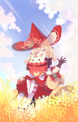 Rule 34 | 1girl, black footwear, black gloves, blonde hair, bow, bow legwear, closed eyes, cloud, cloudy sky, dodoco (genshin impact), dress, dress bow, facing viewer, field, frilled dress, frills, full body, genshin impact, gloves, hair bow, hat, hat bow, highres, jumpy dumpty, klee (blossoming starlight) (genshin impact), klee (genshin impact), long hair, official alternate costume, open mouth, outdoors, pantyhose, pointy ears, puffy short sleeves, puffy sleeves, red bow, red dress, red headwear, short sleeves, sitting, sky, smile, solo, user xjfu4278, vision (genshin impact), waving, white pantyhose, witch hat