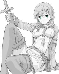 Rule 34 | 1girl, arm support, belt, braid, closed mouth, earrings, feet out of frame, fingerless gloves, gloves, green eyes, hair over shoulder, hair tubes, highres, holding, holding sword, holding weapon, itou (onsoku tassha), jewelry, leaning back, long hair, looking at viewer, original, pouch, scabbard, sheath, sheathed, simple background, smile, solo, spot color, sword, thighhighs, weapon, white background