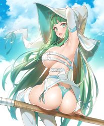 Rule 34 | 1girl, ass, blue panties, breasts, evertale, from behind, green eyes, green hair, hat, large breasts, long hair, looking back, merlin (evertale), official art, open mouth, panties, popqn, sitting, solo, underwear, witch hat
