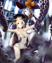 Rule 34 | 2girls, abigail williams (fate), abigail williams (third ascension) (fate), bare shoulders, black bow, black gloves, black hat, black panties, blonde hair, blue eyes, blush, bow, bow panties, collarbone, commentary request, dual persona, elbow gloves, fate/grand order, fate (series), gloves, glowing, grin, hand on another&#039;s cheek, hand on another&#039;s face, hat, hat bow, highres, indoors, kuro yanagi, lingerie, long hair, looking at viewer, multiple girls, navel, negligee, orange bow, pale skin, panties, parted bangs, parted lips, polka dot, polka dot bow, print bow, purple eyes, sharp teeth, silver hair, smile, star (symbol), star print, straddling, strapless, suction cups, teeth, tentacles, topless, underwear, v-shaped eyebrows, very long hair, white panties, window, witch hat