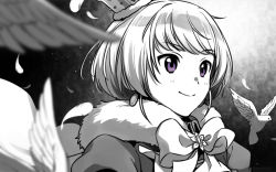 Rule 34 | 1boy, asada hachi, bird, blush, bow, bowtie, closed mouth, commentary request, crown, earrings, feathers, fur trim, gradient background, greyscale, idolmaster, idolmaster side-m, jewelry, looking to the side, male focus, monochrome, pierre (idolmaster), purple eyes, short hair, smile, solo, spot color, trap, twitter username, upper body, watermark