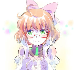 Rule 34 | 1girl, ahoge, bare shoulders, bespectacled, bow, freckles, glasses, green eyes, hair bow, highres, iesupa, orange hair, penny polendina, rwby, smile, solo