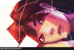 Rule 34 | 1girl, aurahack, blurry, depth of field, face, hair over one eye, lying, on side, original, parted lips, patreon logo, realistic, red eyes, red hair, signature, solo, watermark, web address