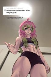 Rule 34 | 1girl, abs, english text, from below, gradient hair, green eyes, green hair, indoors, kanroji mitsuri, kimetsu no yaiba, looking at viewer, meme, miiksster, mildly muscular women think they&#039;re gods (meme), mole, mole under eye, multicolored hair, muscular, muscular female, nail polish, navel, parted lips, photo-referenced, pink hair, pink nails, solo