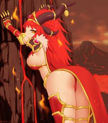 Rule 34 | 1girl, against wall, alexstrasza, armor, ass, breasts, commentary, diadem, gold trim, half-closed eyes, horn ornament, horns, kuroonehalf, lava, light smile, long hair, looking at viewer, looking back, multiple horns, orange eyes, personification, red hair, rock, shoulder armor, solo, vambraces, very long hair, volcano, warcraft, world of warcraft