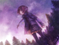 Rule 34 | 00s, 1girl, ameiro, bad id, bad pixiv id, blue eyes, braid, coat, darker than black, faux traditional media, forest, highres, jewelry, nature, night, pantyhose, parka, pendant, ponytail, single braid, sky, solo, speed painting, star (sky), star (symbol), starry sky, suou pavlichenko