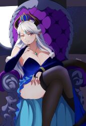 Rule 34 | 1girl, blue dress, crown, dragon girl, dragon horns, dragon tail, dress, epic seven, highres, horns, luna (epic seven), one eye closed, pointy ears, red eyes, smile, solo, tail, throne, wink