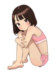 Rule 34 | 1girl, absurdres, bare legs, bare shoulders, barefoot, brown eyes, brown hair, child, feet, highres, looking at viewer, opossumachine, original, short hair, short shorts, shorts, simple background, sitting, smile, solo, sports bra, sportswear, white background