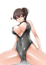 Rule 34 | 10s, 1girl, alternate costume, anger vein, bad id, bad pixiv id, breasts, brown eyes, brown hair, cameltoe, cleavage, front zipper swimsuit, highres, kaga (kancolle), kantai collection, large breasts, looking at viewer, meme attire, one-piece swimsuit, short hair, side ponytail, sitting, skin tight, solo, swimsuit, tuna21, unzipped