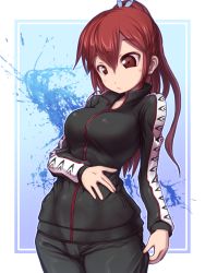 Rule 34 | 10s, 1girl, breast conscious, breasts, brown eyes, free!, highres, large breasts, long hair, matsuoka gou, ponytail, red eyes, solo, track suit, you naka
