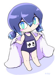 Rule 34 | 1girl, aqua eyes, barefoot, blue hair, blush stickers, frown, full body, looking at viewer, multicolored hair, nollety, purple hair, school swimsuit, short twintails, signature, simple background, solo, standing, swimsuit, towel, twintails, two-tone hair, white background, youkai (youkai watch), youkai watch, yukionna (youkai watch)