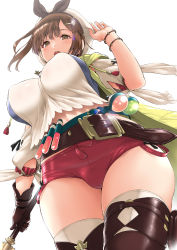 Rule 34 | 1girl, atelier (series), atelier ryza, atelier ryza 1, bare shoulders, belt, beret, blue belt, blush, boots, breasts, brown belt, brown eyes, brown gloves, brown hair, camisole, covered erect nipples, drawstring, flask, gloves, hair ornament, hairclip, hat, highres, hood, hooded vest, hoodie, jacket, kemigawa mondo, large breasts, leather, leather belt, leather gloves, open mouth, red shorts, reisalin stout, revision, round-bottom flask, see-through, short hair, short shorts, shorts, simple background, single glove, sleeveless, sleeveless jacket, solo, staff, thigh boots, thighhighs, thighs, vest, vial, white background, white camisole, white hat, yellow jacket