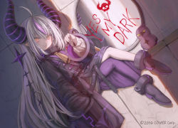 Rule 34 | 1girl, ahoge, animal, bird, black footwear, black horns, blush, braid, chain, closed mouth, cosmetics, crossed legs, crow, crow (la+ darknesss), cuffs, english text, fingernails, grey hair, hair between eyes, highres, holding, holding lipstick tube, hololive, holox, horns, la+ darknesss, light blush, lipstick tube, long hair, multicolored hair, multicolored horns, nail polish, o-ring, orange eyes, osobachan, pink nails, purple hair, purple horns, purple thighhighs, lipstick tube, reflection, shackles, single thighhigh, sitting, sleeves past fingers, sleeves past wrists, slit pupils, smile, streaked hair, striped, striped horns, thighhighs, tile wall, tiles, very long hair, virtual youtuber, yellow eyes